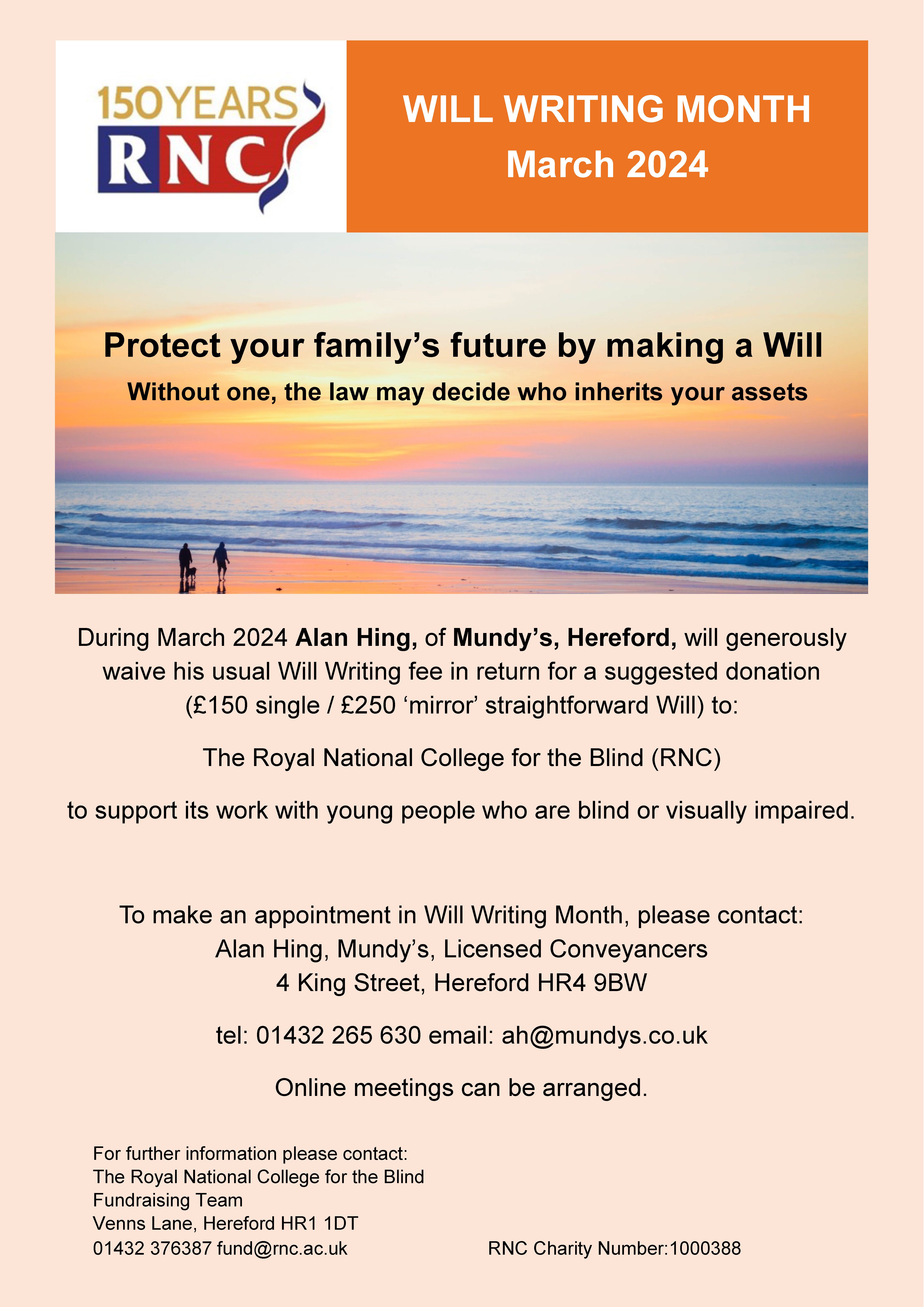 An orange coloured poster with the RNC 150th logo and a picture of two people and a dog walking on the beach at sunset plus details of how to make an appointment