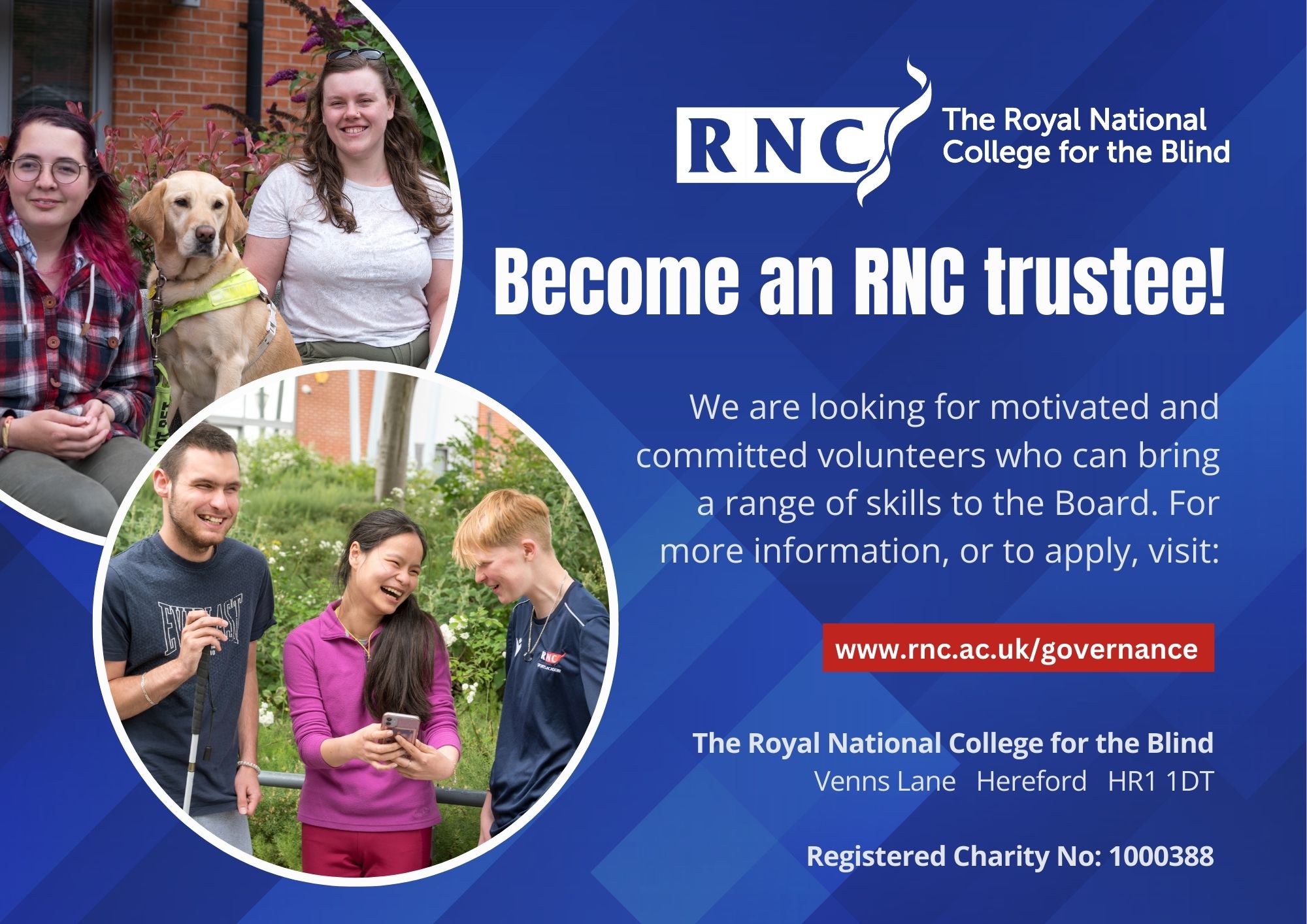 an advert in red white and blue with the RNC logo and two images of students socialising with text calling people to apply to be a governor