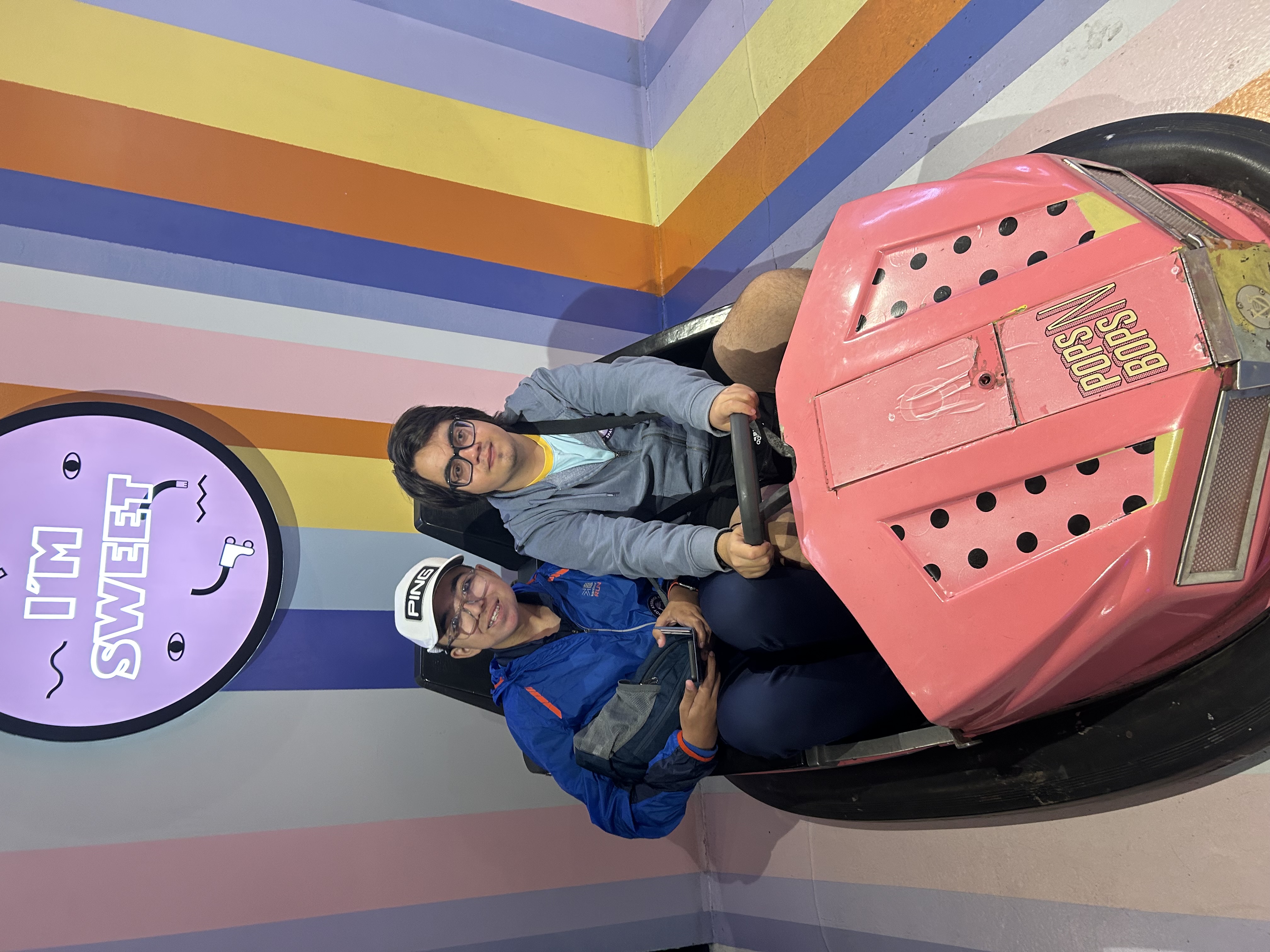 Emilio and Dom sitting in a pink bumper car