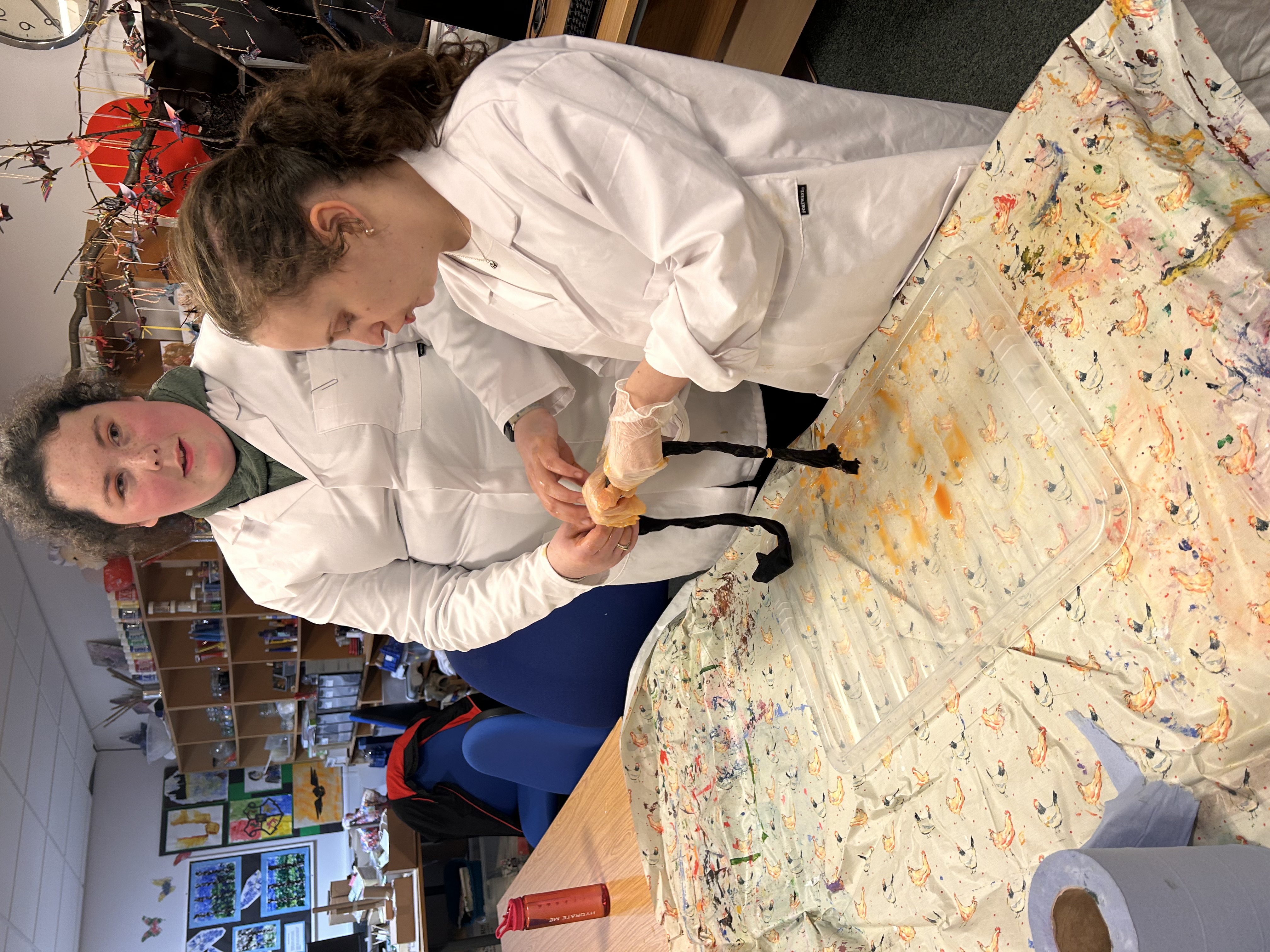 two students wearing lab coats holding up the mock intestine between them and feeling the contents